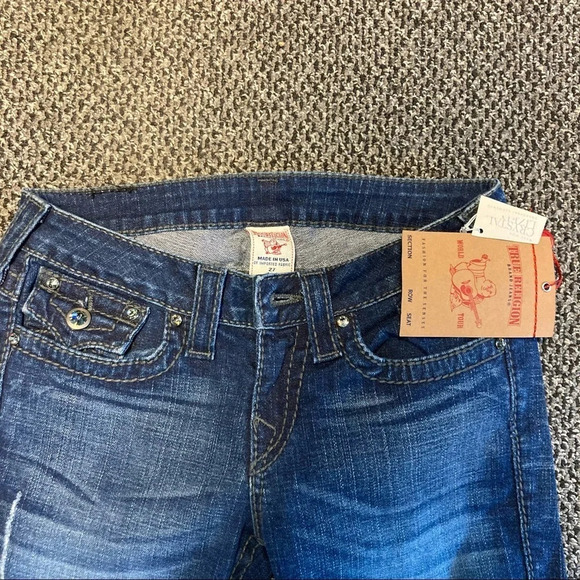 TRUE  RELIGION Sz 27 Disco Becky Big T Swarovski Crystal Distressed Jeans - Picture 2 of 14